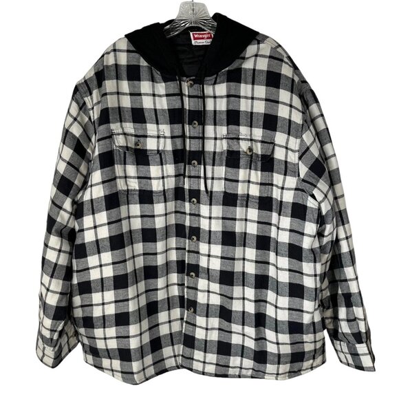 Wrangler Flannel Shirt Jacket Mens 2XL Black White Hood Button - Picture 1 of 9